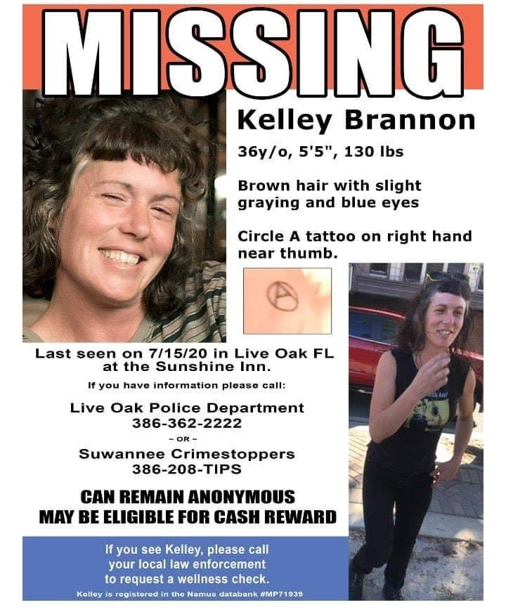 MissingNFlorida's tweet photo. π¨ BOLO: KELLEY BRANNON IS STILL MISSING βΌοΈ
Kelley Brannon was last seen on July 15, 2020 leaving the Sunshine Inn in Live Oak in Suwannee County, Florida.
Hair Color: Black
Eye Color: Blue
Height: 5'5"
Weight: 110-130 lb
#missinginflorida #missinginfl #missinginamerica https://t.co/ZtmlcjZsp9