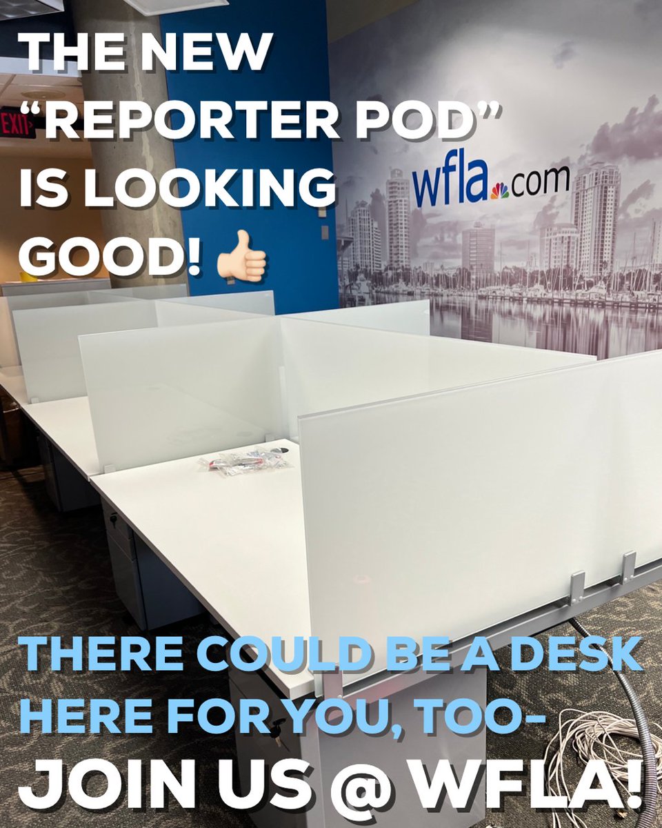 thatchrisford's tweet photo. Sometimes it's the little things, right? So forgive me if I'm excited about the installation of a new 6-cubicle reporter pod here at @WFLA! 
Come grab one of these desks and join our team of intrepid #8OnYourSide reporters: https://t.co/KXf5Qk7H4R
#reporterjobs #mmjjobs #newsjobs https://t.co/4f1zjcbwKX