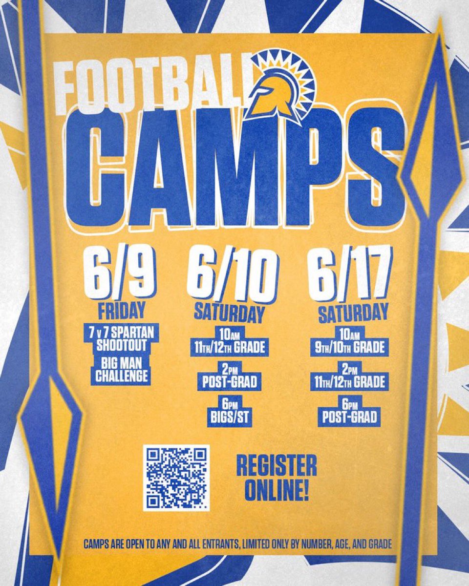 The dates are set… show up, show out⚔️

Spartan Football Camps are back! Sign up today!

Link to sign up in our bio!

#ClimbTheMountain | #AllSpartans