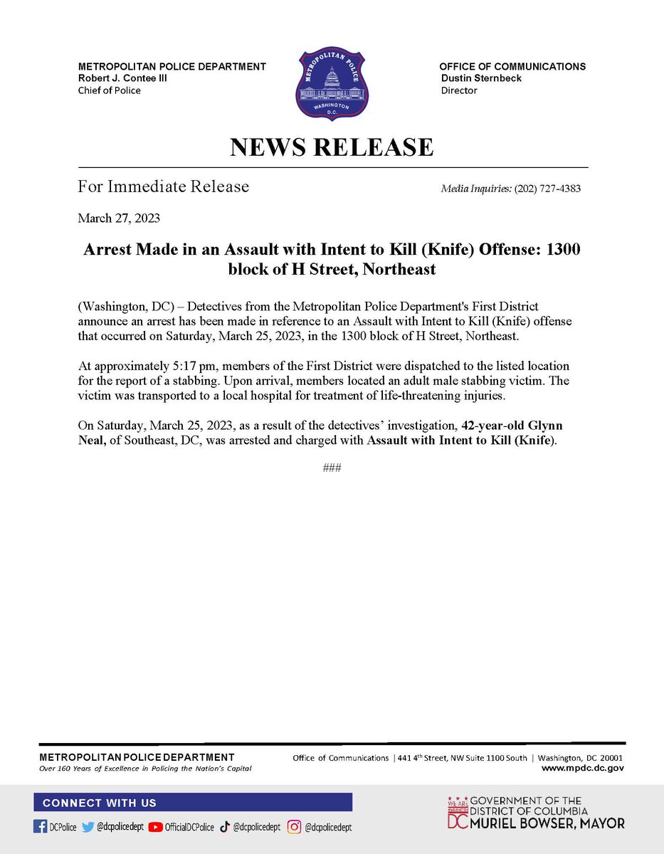 DCPoliceDept's tweet photo. MPD announces an arrest has been made in reference to an Assault with Intent to Kill (Knife) offense that occurred on Saturday, March 25, 2023, in the 1300 blk of H St, NE.  

Thank you to all who assisted in making DC safer with this arrest! 

Release: https://t.co/VW8KizwKmj https://t.co/dnxMHfhJCi