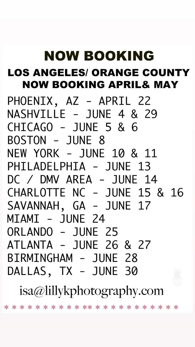 Now Booking !!!! Excited to see y’all soon!!! #lillykphotography