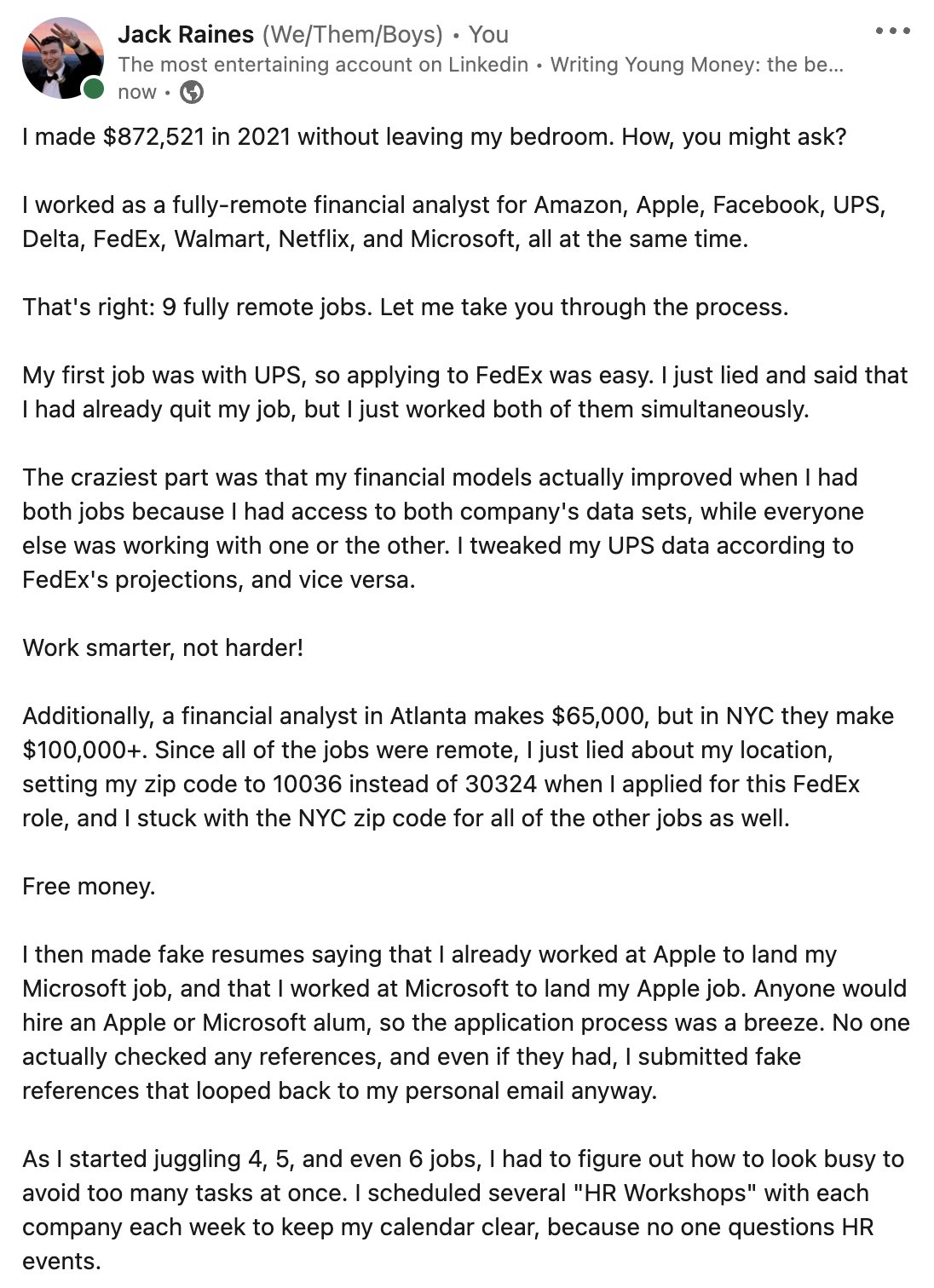 Jack Raines on Twitter "Explaining to Linkedin how I balanced 9 fully