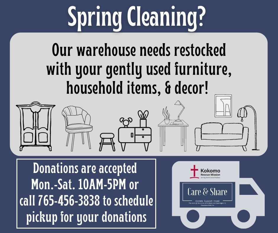 While you’re spring cleaning, consider donating your gently used items for our shelters &amp; community! We need household items, décor, &amp; furniture for our warehouse. For a guide to our donation process, visit our website: kokomorescuemission.org/thrift-stores/….