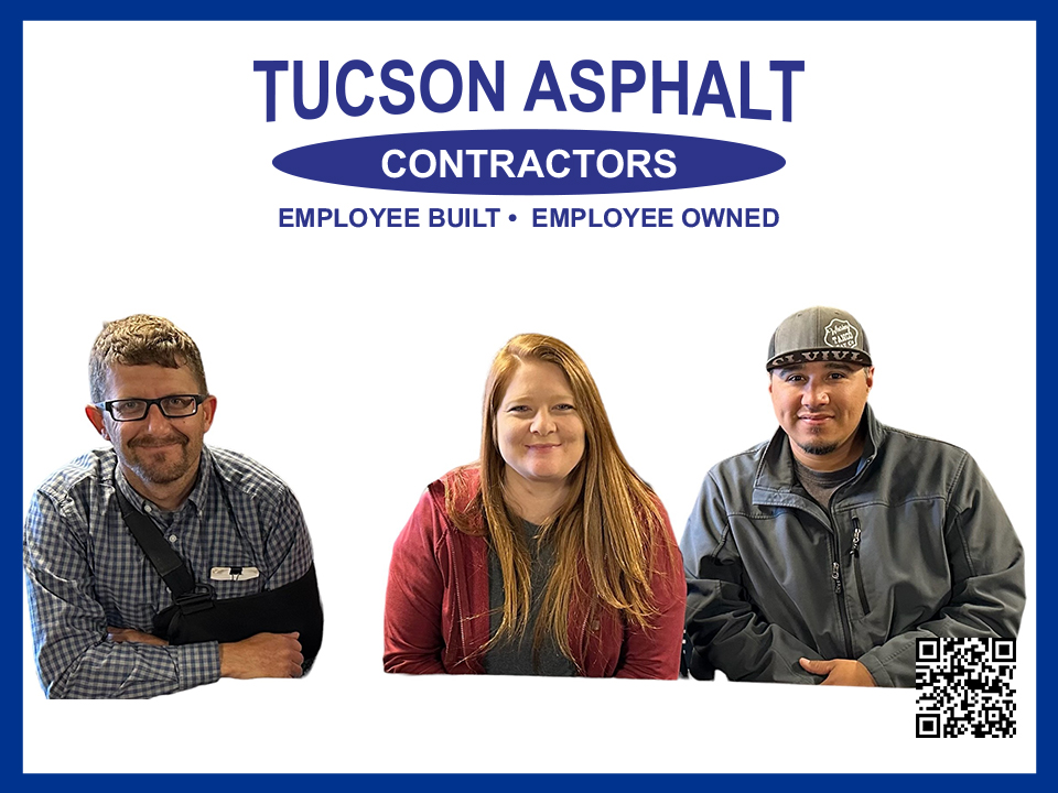 TucsonAsphalt's tweet photo. From left to right: Chad Moussette (Shop Manager), Kristy Wills (Project Administrator), and Victor Robledo (Transport Driver &amp; back for the second time). Tucson Asphalt Contractors welcome these three to the Team. They all believe in employee ownership and how it benefits them. https://t.co/VSpF8HiL3l