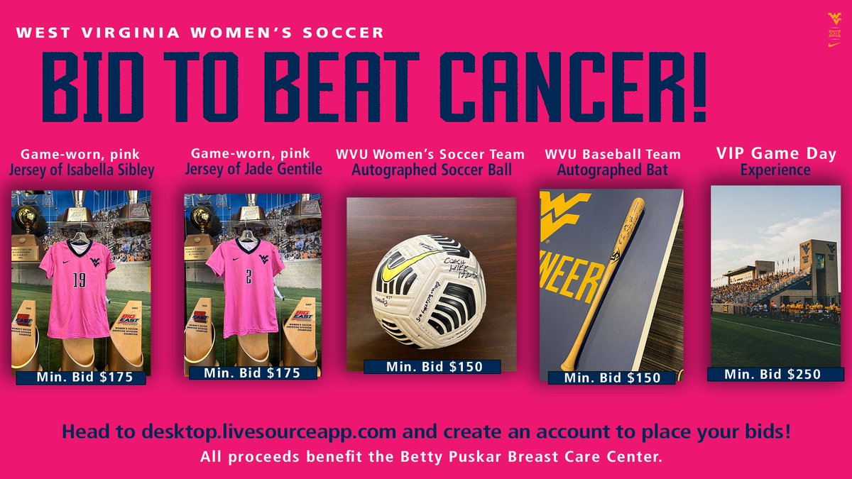 From signed pink  jerseys to a VIP game day experience ... you don't want to miss our Spring Pink Game Live Auction! 💗

📅 Bid now through April 1 at 11:59 p.m. ET
🔗 wvusports.co/2BWPs1J

#HailWV | <a href="/WVUCancer/">WVU Cancer Institute</a>