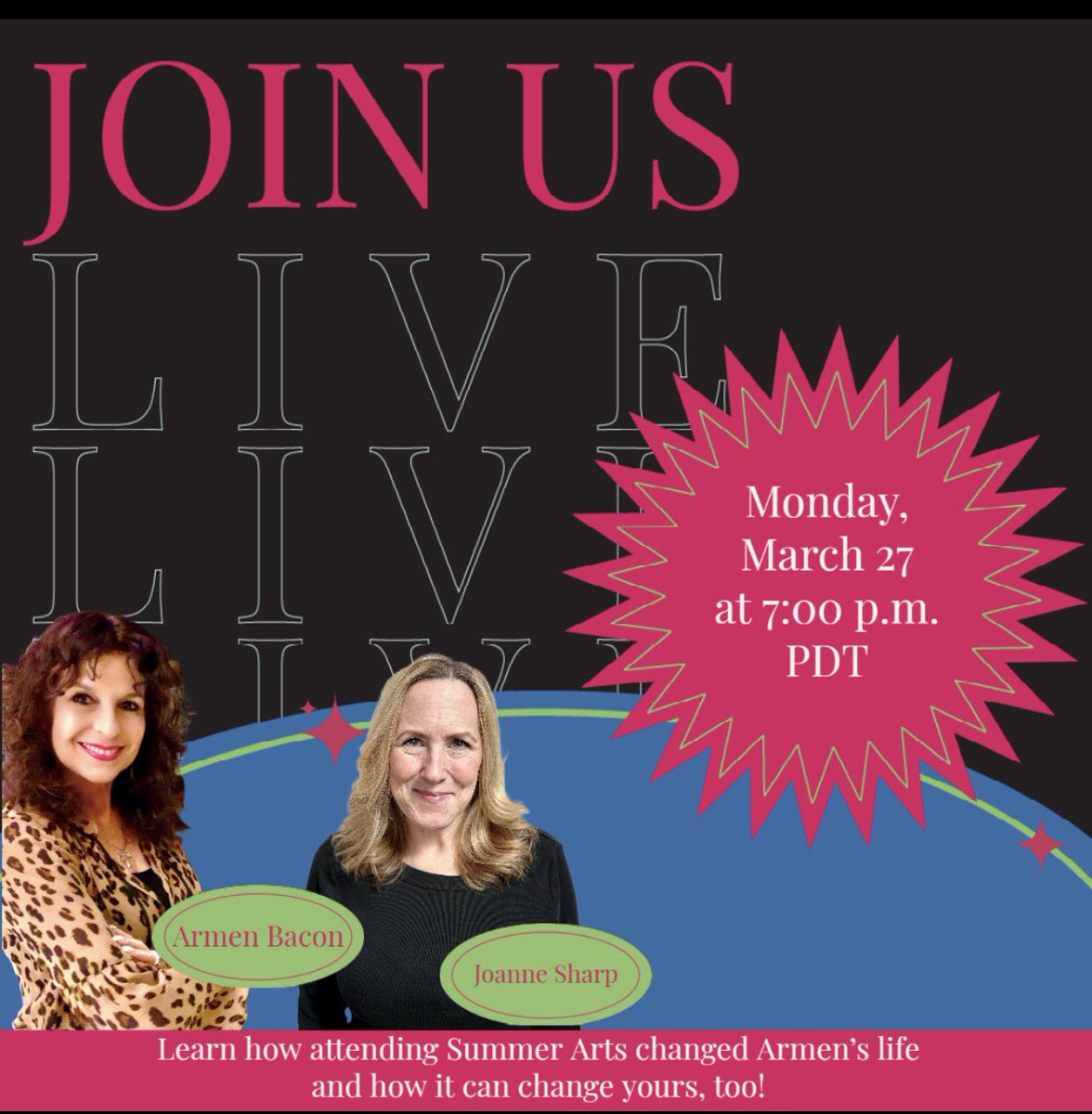 Tonight. Live at 7pm. Join me and my shero <a href="/JoanneSharp1/">Joanne Sharp</a> talk about @CSUSummerArts <a href="/Fresno_State/">Fresno State</a>. Ask us anything! #griefland #mynameisarmen #writerslife #writerscommunity #writeyourheartout #ourstoriesmatter