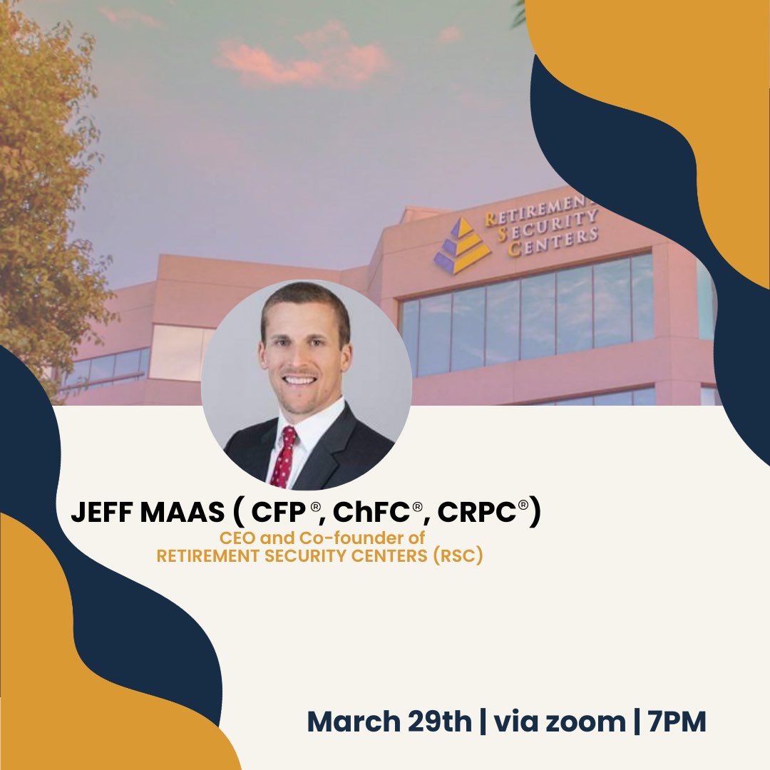 Happy Monday Everyone!
Jeff Maas will be joining us this Wednesday March 29th at 7PM. Jeff is the Co-founder and CEO of Retirement Security Centers, a financial planning firm that is only 10 minutes away from Sacramento State. 
Meeting Logistics:
Wednesday March 29th
7PM
via zoom