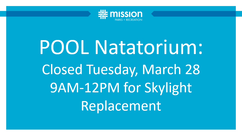 MissionKSPksRec's tweet photo. 📢 Attention: The PCC natatorium will be replacing skylights 🪟 tomorrow, Tuesday, Mar. 28 from 9AM to Noon. 🏗 There will be a brief pause in pool use when the existing skylights are transitioned out. Thank you &amp; we appreciate your patience during these improvements! 😊 https://t.co/ILs1mCeeiz