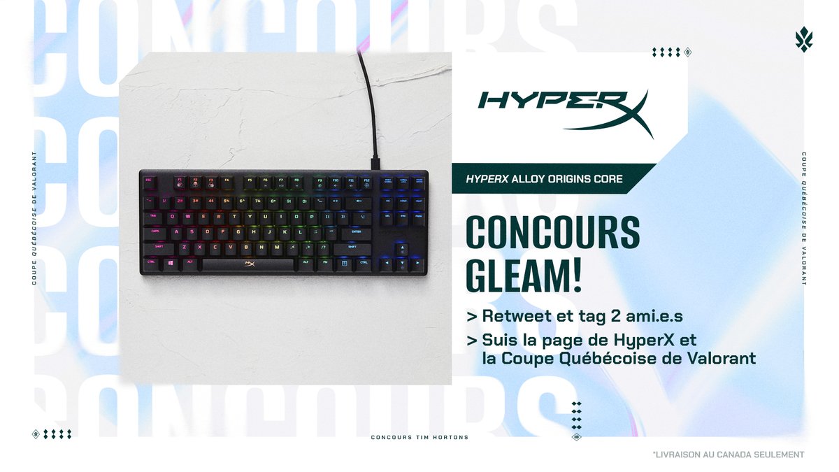 CQV_Officiel's tweet image. Courrez la chance de gagner un HyperX Alloy Origins Core! Suivez les instructions pour participer :

1) Suivre @Valo_QC et @HyperX
2) Aimer et retweeter
3) Tagger 2 amis
4) Confirmer votre participation : gleam.io/competitions/r…

#ValoQC #VALORANT #Concours