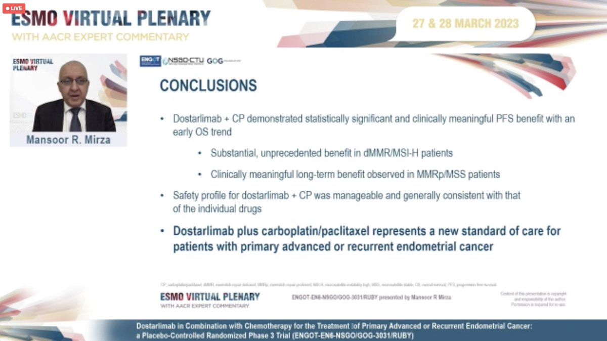 @MirzaCPH presenting practice changing Ruby trial results at #SGOmtg
✅Dostarlimab +Carbo/Taxol in advanced&recurrent #EndometrialCancer
✅2yr PFS dMMR 61.4% HR0.28(95%CI 0.16-0.49)
✅2yr OS dMMR 83.3% HR0.30(95%CI 0.13-0.7)
✅dMMR ORR 77.6% w durable response & well-tolerated