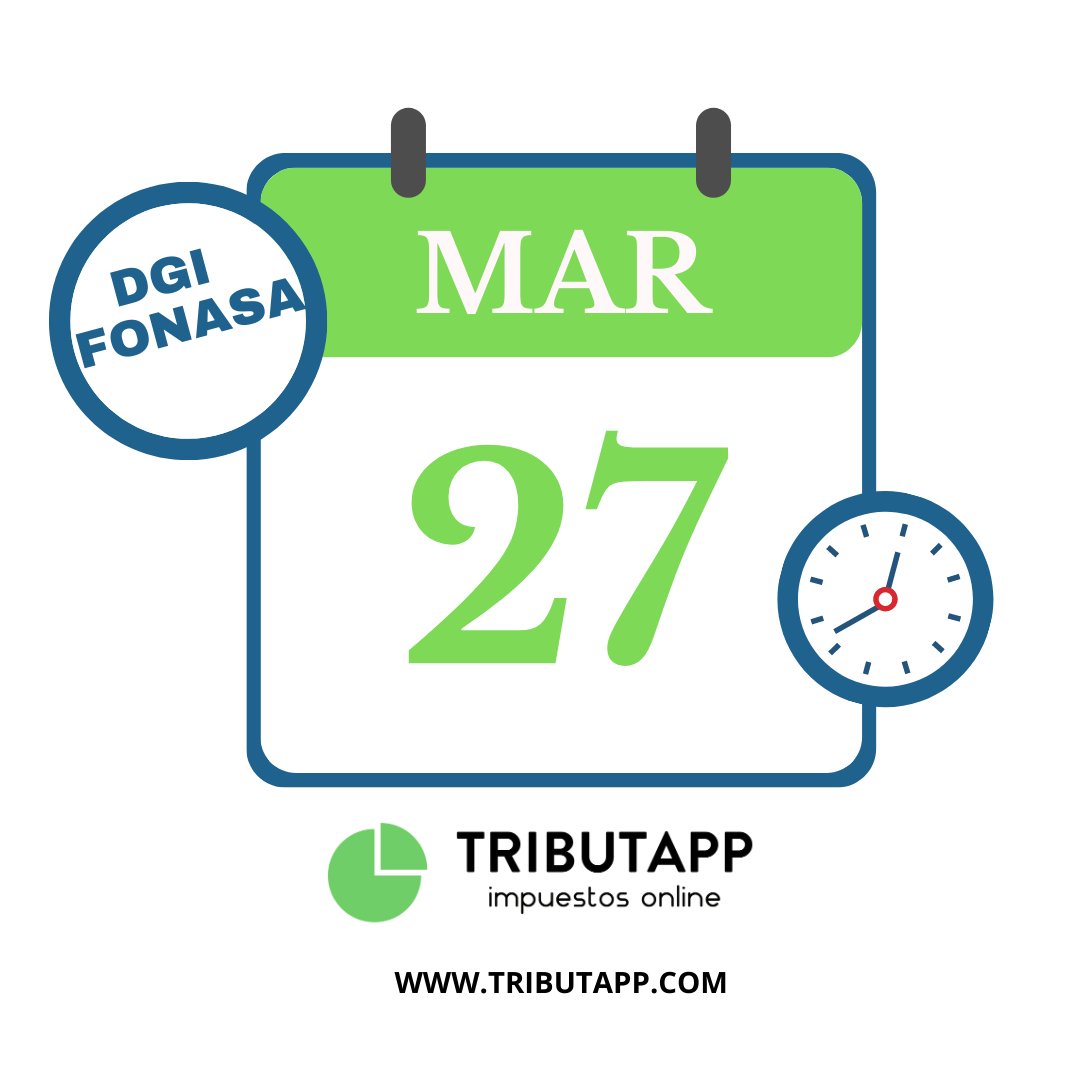 TributApp's tweet photo. 27 de marzo 🔔 Vence el anticipo de IRPF e IVA servicios personales a DGI y el anticipo de FONASA. 🔔 https://t.co/0ad0vU4LcS https://t.co/H8IK2VXHUH
