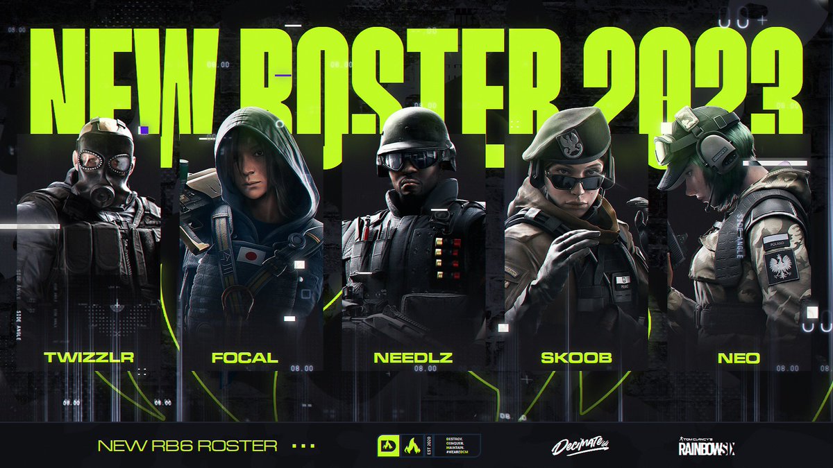 WeThriveGG's tweet photo. 🔥WATCH YOUR SIX🔥

#DecimateR6 has some new faces. Introducing our official @R6esports 2023 Roster competing in this seasons @SolarFlareCL: 

🔥 DCM | @NeoR6S
🔥 DCM | @SkoobIsSwag 
🔥 DCM | @FocalR6 
🔥 DCM | @NeedlzR6 
🔥 DCM | @Twizzlr_ 

🗣️ Coach: @BaronR6S 
📝 Analyst: @TrailR6S

Welcome to the #GreenBrigade🔥