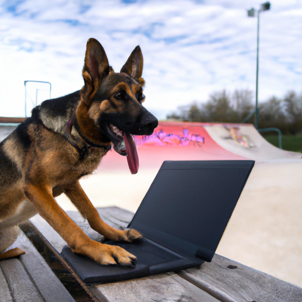 TechieDogs's tweet photo. German Shepherd dog progamming at Skatepark with a HP Elitebook. #TechieDogs https://t.co/k7CvxLtEC2