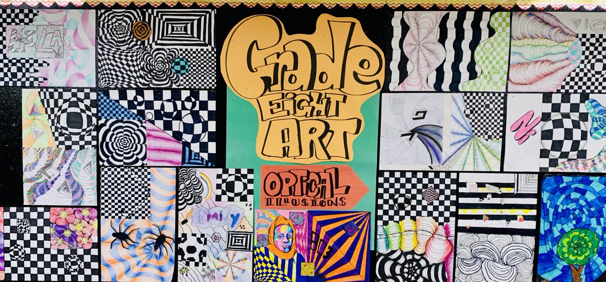 MsOweida's tweet photo. Check out what Bicentennial 803 Artists did for their term projects - They used their knowledge of optical illusions, space, form and other elements to showcase their amazing talents! Great work! #OpArt #Masterpiece @BIHI_School @HRCE_NS https://t.co/4rvM9plWps