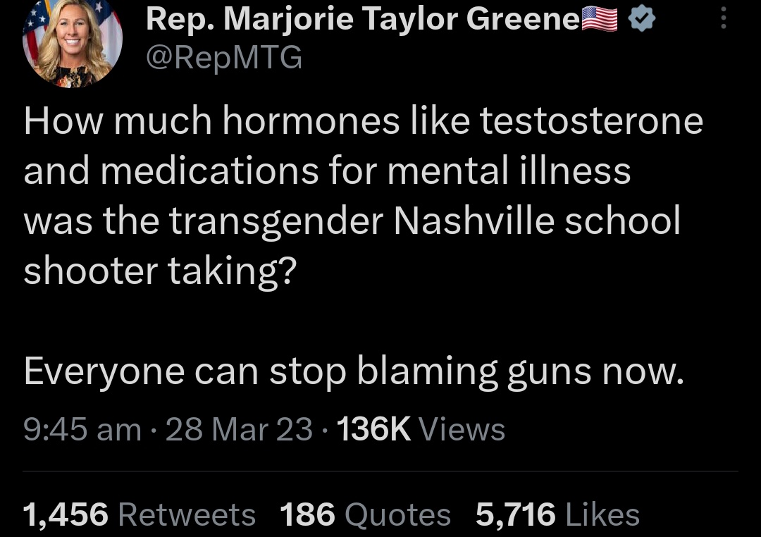 There is not a single confirmed report that the person involved was trans. The only 'evidence' is social media posts like this one claiming that she was. So now they are making up trans people so we can blame mass shootings on hormones? Just some stellar politics