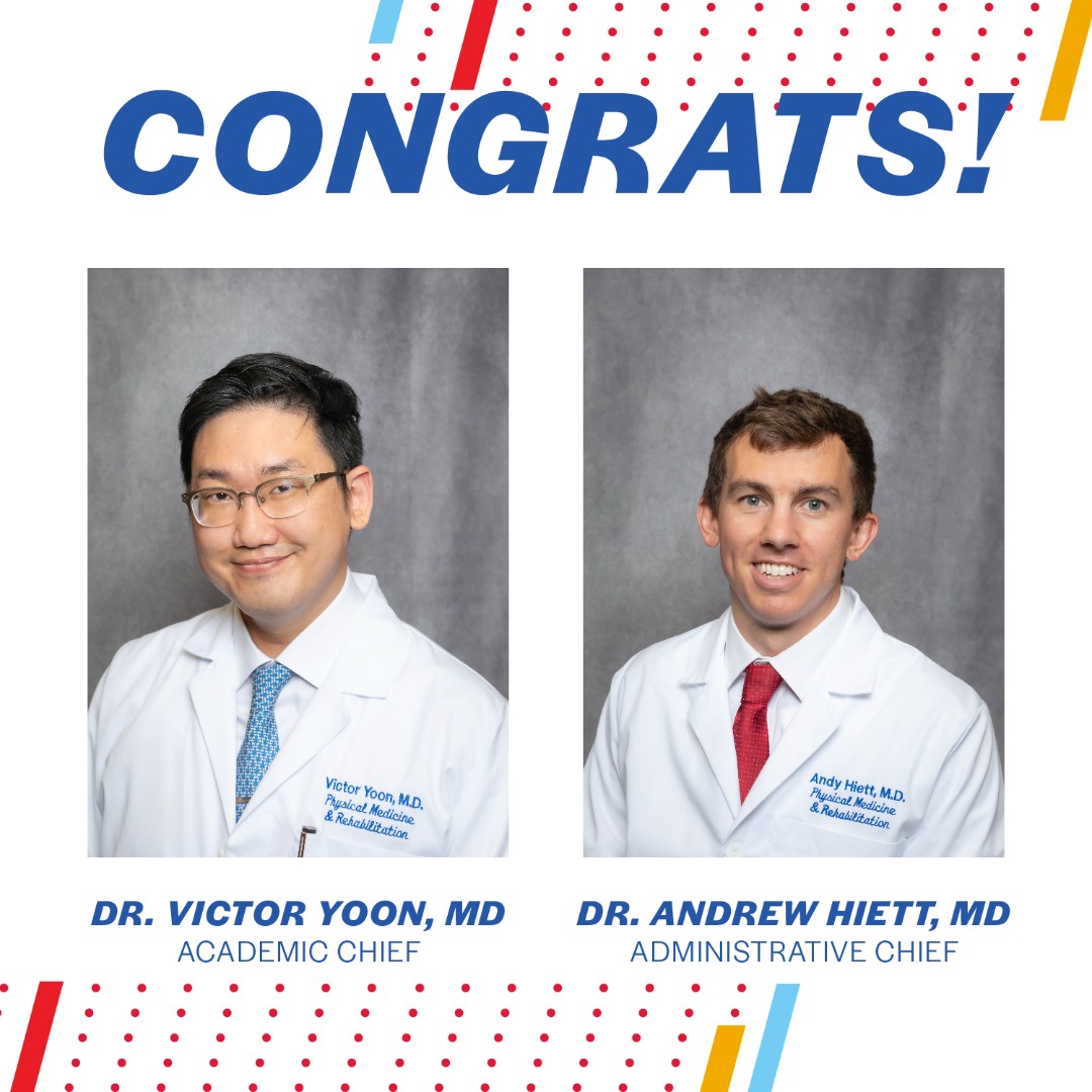KU_PMR's tweet photo. Please join us as we introduce our new Co-Chief Residents for the 2023-2024 academic year: Drs. Victor Yoon and Andrew Hiett! Dr. Yoon will serve as our Academic Chief, and Dr. Hiett will support the Administrative Chief's duties.
.
.
.
#KUSchoolOfMedicine #MedicalResidents #PMR https://t.co/qqIh1Cwqpi