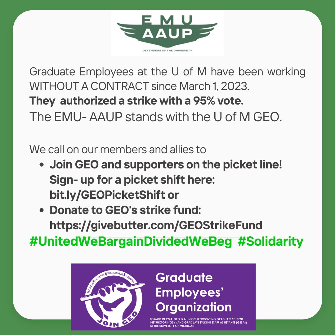 Join our allies @geo3550  GEO and supporters on the picket line! 
Sign- up for a picket shift here: bit.ly/GEOPicketShift or 
Donate to GEO's strike fund: givebutter.com/GEOStrikeFund
#SolidarityAndResistance #UnitedWeBargain