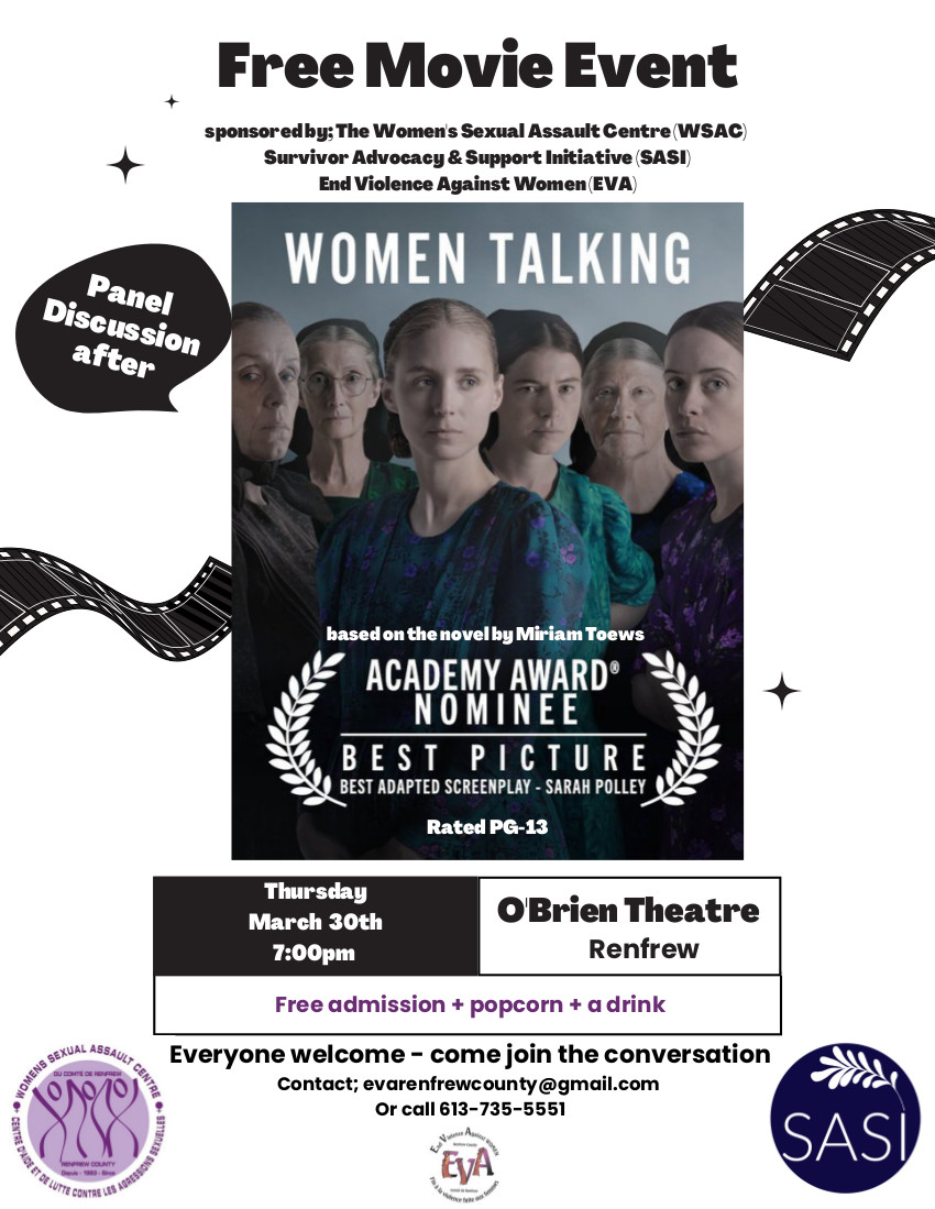 Calling all folks in Renfrew County! @WSACRenfrew is hosting a screening of @realsarahpolley's ~Oscar winning~ film 'Women Talking' this Thursday. It's FREE and includes snacks! Come join the conversation :