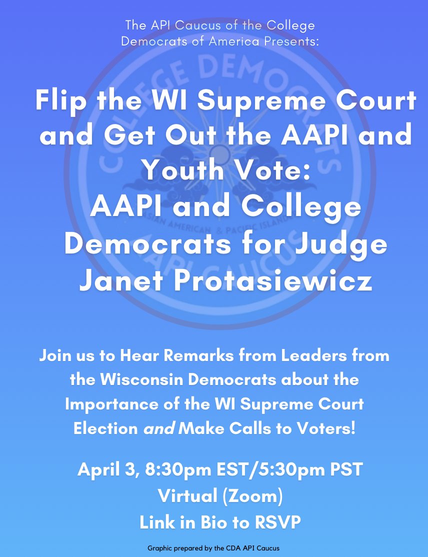 CollegeDemsAAPI's tweet image. #CollegeDems, join us for ‼️remarks from Leaders from the Wisconsin Democrats about the Importance of the WI Supreme Court Election and make calls to WI voters‼️

CC: @JasonParkCA @carenroyce @maggiekeuler  @CollegeDemsWI @v2aggie2 @AAPI_WisDems 

RSVP link in our bio👀