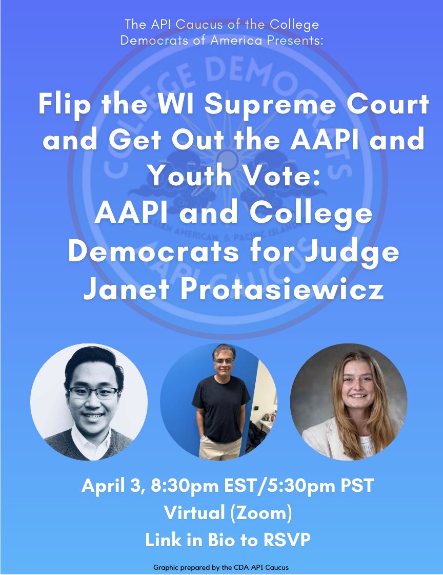 CollegeDemsAAPI's tweet image. #CollegeDems, join us for ‼️remarks from Leaders from the Wisconsin Democrats about the Importance of the WI Supreme Court Election and make calls to WI voters‼️

CC: @JasonParkCA @carenroyce @maggiekeuler  @CollegeDemsWI @v2aggie2 @AAPI_WisDems 

RSVP link in our bio👀