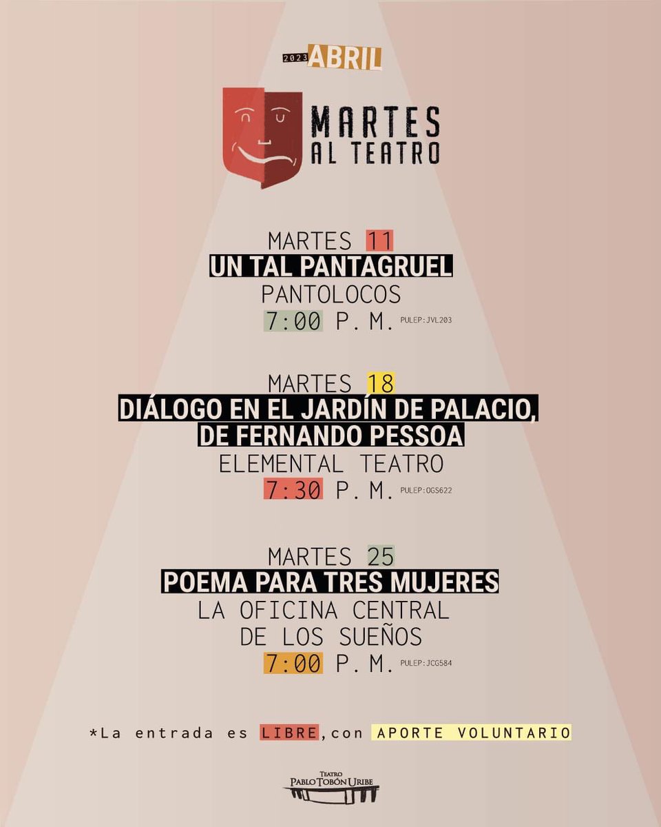 Hoy en el #diamundialdelteatro anunciamos las primeras obras de nuestra temporada 2023 de #MartesAlTeatro @Teatropablot ¡Unimos la ciudad y la región desde el centro!