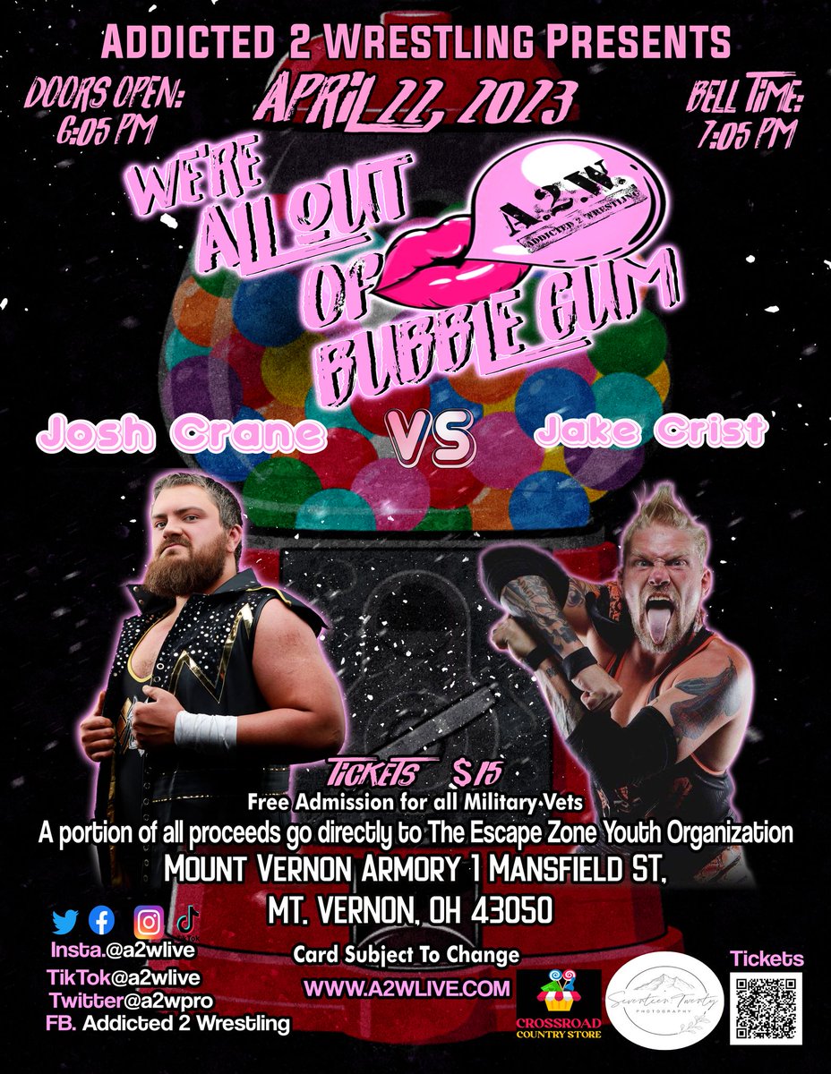 A2WPro's tweet photo. Entering, #WAOoBG, with a perfect record in #A2W. Josh Crane has his sights set higher, and the A2W office has answered his call. Saturday, April 22nd, Josh faces his toughest opponent to date as he takes on Impact Star and former IWA-MS World Heavyweight Champion JAKE CRIST! https://t.co/1x7XbF25eA