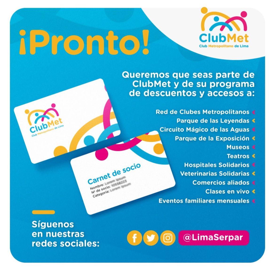 MuniLima's tweet photo. 🙌🏼 ¡Queremos que la comunidad disfrute de espacios de sano esparcimiento y servicios a costos accesibles!
🖼️🩺 Pronto podrás ser parte del #ClubMet, que ofrece descuentos en museos, hospitales solidarios, clases en vivo, entre otros. https://t.co/5NJkF4wns5