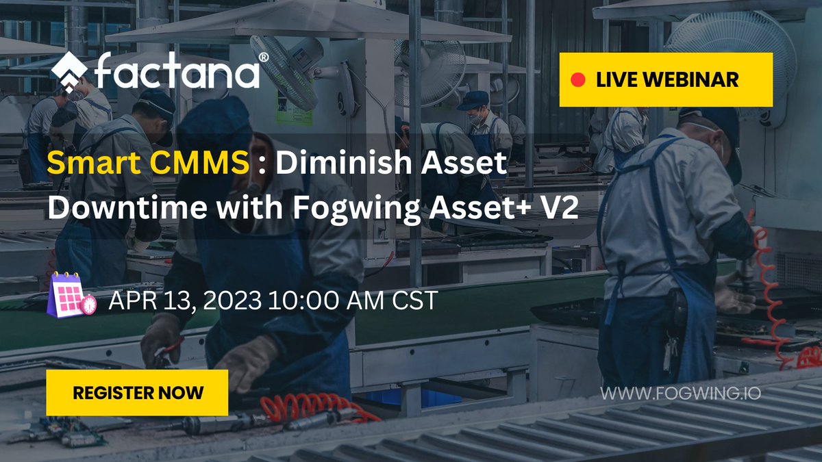 Factana_IoT's tweet photo. Don't miss out the opportunity to learn about renewed Fogwing Asset+ and smart way to reduce your maintenance overheads.

Register Now : https://t.co/Kf2okaL7HZ

#CMMS #MaintenanceManagement #AssetManagement #MaintenanceSoftware #FacilityManagement #Industry40 #PredictiveMaintain https://t.co/sfKpvX7R73