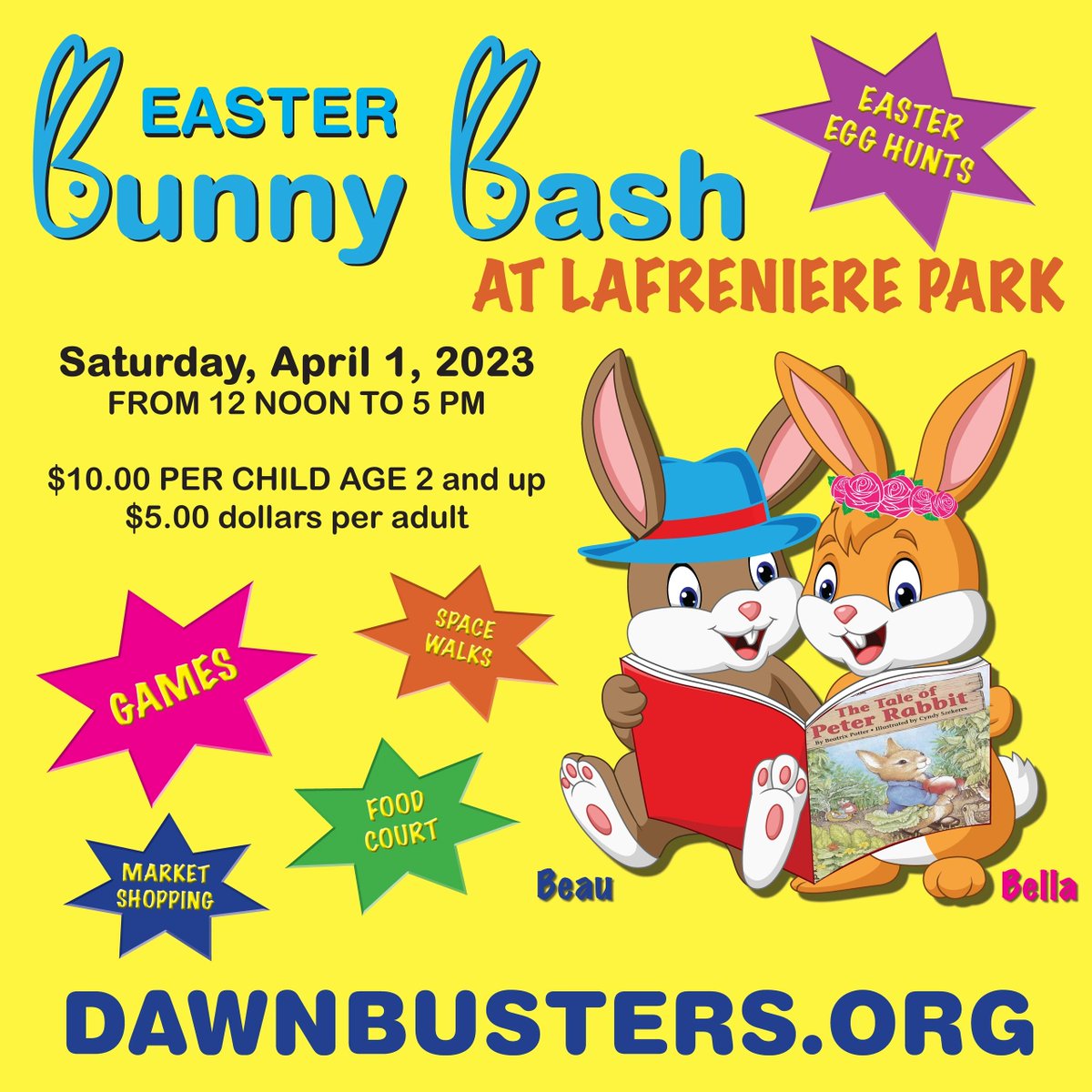 Bunny Bash 2023 @ Lafreniere Park

Come out and join us for Easter Egg hunts, Costume Contest, Games, Rides, and more.