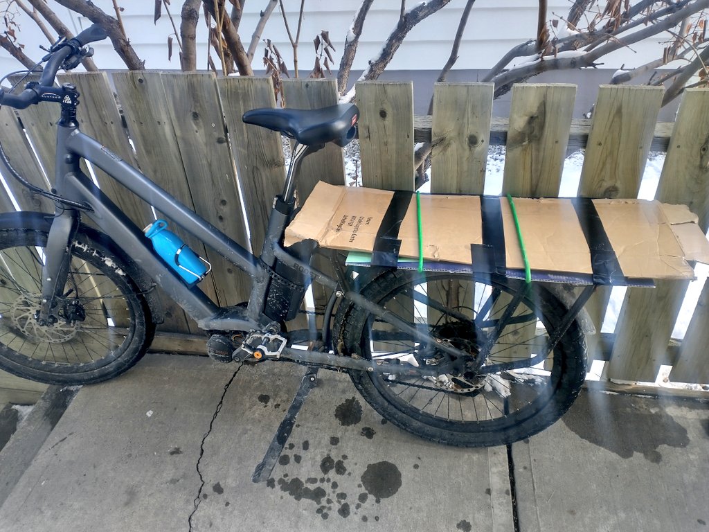 yycbikeguy's tweet photo. Boosty Boost Fast-Haul cardboard / duct tape edition. Doubles as a push cart. #cargobike #cargobikelife #boosty #haulin #nostraps https://t.co/rQDKgeuxXm