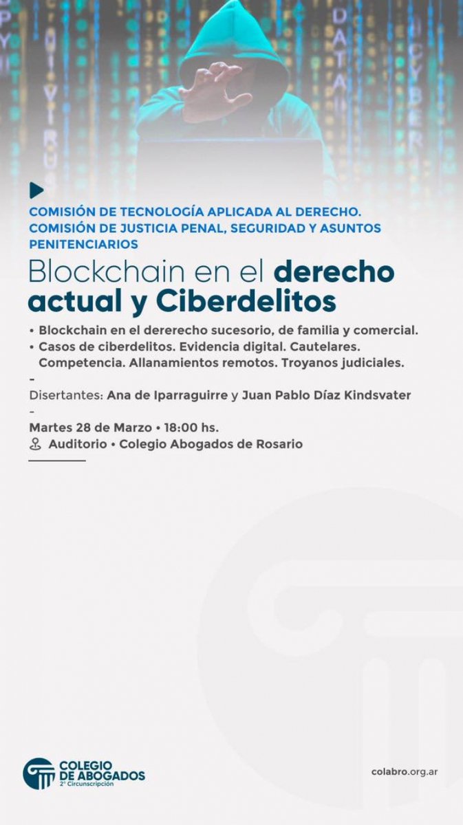 estudiodeiparra's tweet photo. Este martes 28/3 a las 18 hs en el @colabroorgar
“𝗕𝗹𝗼𝗰𝗸𝗰𝗵𝗮𝗶𝗻 𝗲𝗻 𝗲𝗹 𝗱𝗲𝗿𝗲𝗰𝗵𝗼 𝗮𝗰𝘁𝘂𝗮𝗹 𝘆 𝗰𝗶𝗯𝗲𝗿𝗱𝗲𝗹𝗶𝘁𝗼𝘀”
por @anitadeipa y Juan Pablo Díaz Kindsvater
#Tecnología #Blockchain #ColAbRo #Ciberdelitos #Derecho https://t.co/jqUZSB11a6