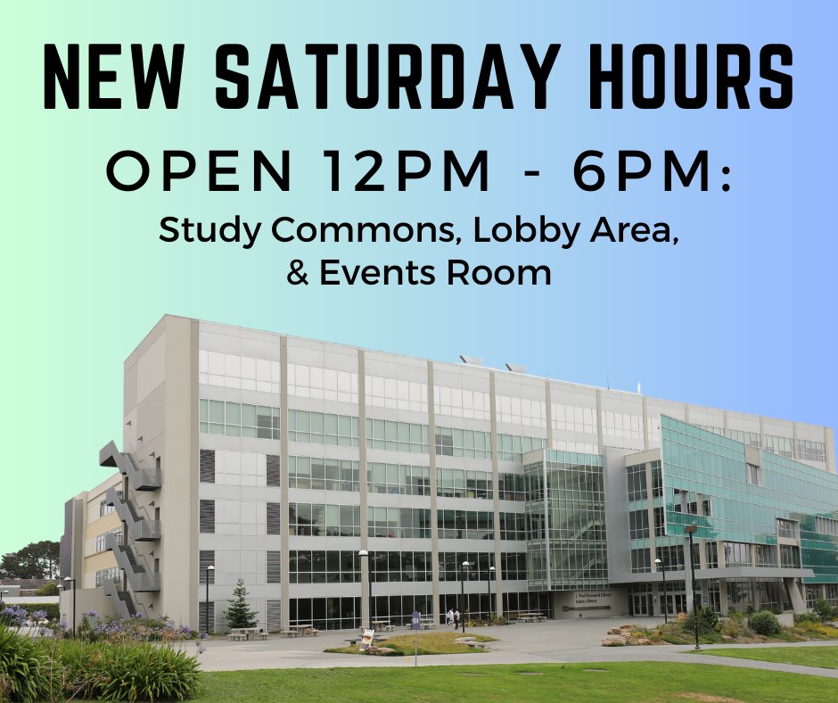 sfstatelibrary's tweet photo. The #jpllibrary is now open on Saturdays! Beginning this Saturday, April 1, the ground
floor Study Commons, Lobby Area, & Events room will be open 12pm - 6pm. https://t.co/G5TzvRQMRI