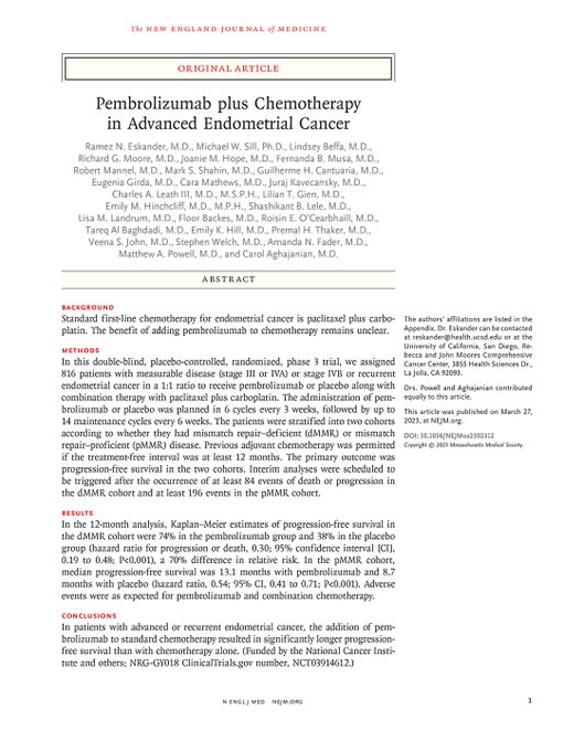 Page 1 of "Pembrolizumab plus Chemotherapy in Advanced Endometrial Cancer" by Eskander et al.