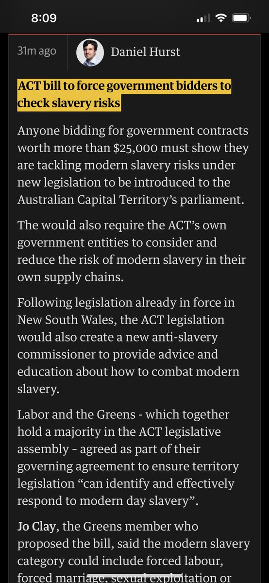 James_Cockayne's tweet photo. Important new bill to create Australia’s 2nd Anti-slavery Commissioner role, in ACT, by @GreensACT. The bill would follow NSW’s lead making public buyers consider #modernslavery risk. I look forward to sharing NSW’s experience &amp; insights as the ACT parliament considers this bill. https://t.co/4hNDZvzfZd