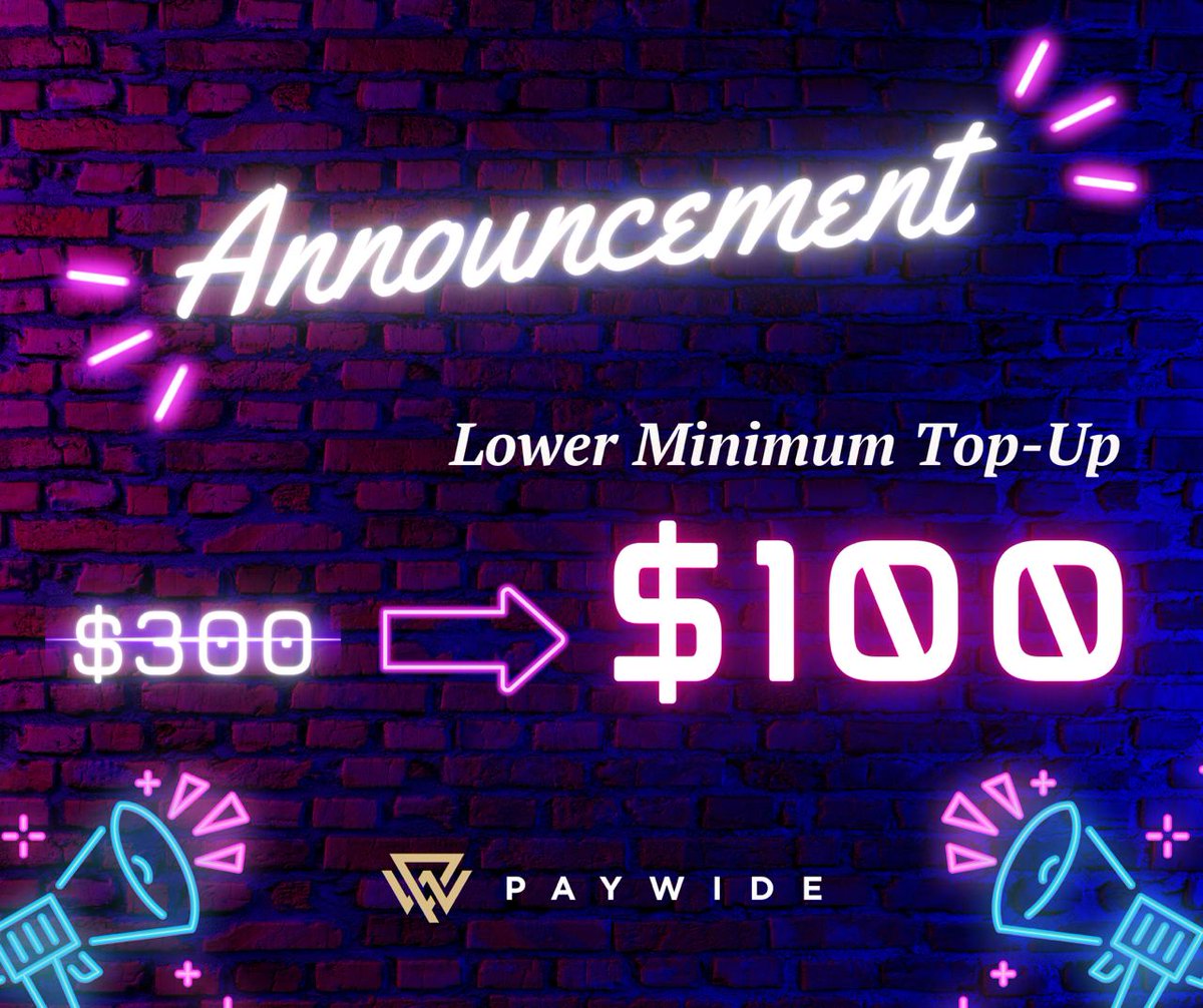 PayWide_Card's tweet photo. 1)✨ Are you ready for thrilling GOOD NEWS from #PayWide? 🎁🔥
🔔 We have lowered our minimum top-up amount to only USD100. This means that you can now top up your account with even greater flexibility and convenience. https://t.co/qlzhXm4v23