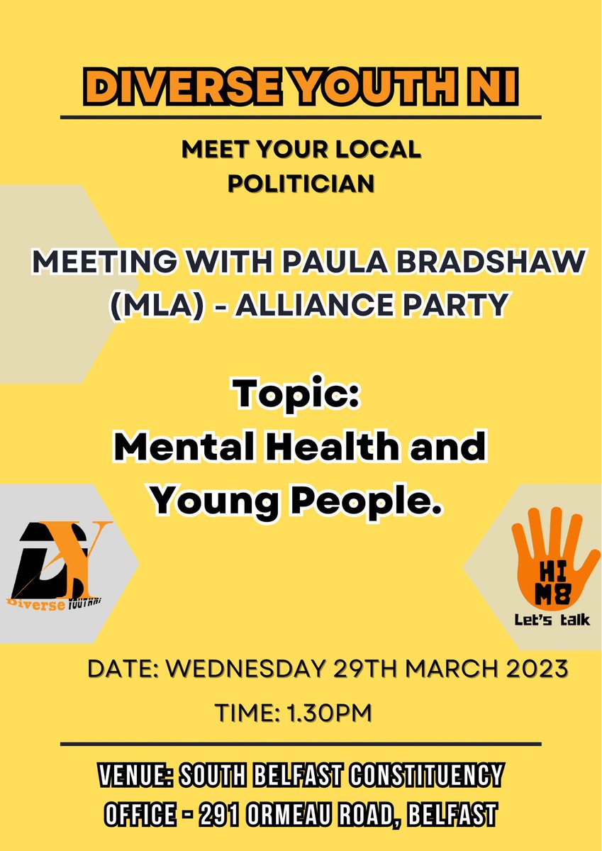 We are meeting with Paula Bradshaw(MLA)on Wednesday 29th March 2023 and our focus is on Mental health and young people. #itsokaynottobeokay #metalhealthawareness