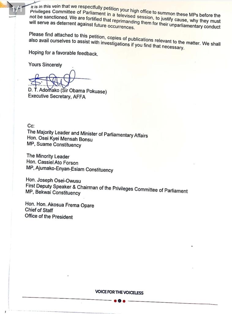 affaalliance's tweet photo. ALLIANCE FOR FOOTSOLDIERS ADVOCACY (AFFA) Drags 3 NDC MPs Before Privileges Committee of Parliament. https://t.co/OXUuLBCQz1