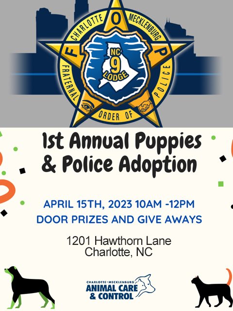 CLTNCFOP9's tweet photo. First annual adoption event! Come out to the Charlotte-Mecklenburg FOP lodge for a great event as we partner with Animal Control and our Dispatch Recruiters. #PuppiesAndPolice https://t.co/jC95PP2ab4