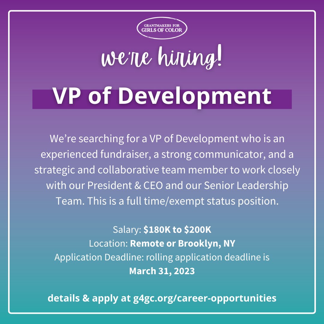 G4GC_org's tweet photo. Could you be our next VP of Development? We're looking for someone to lead and implement a revenue growth strategy by identifying connections, cultivating relationships, and creating innovative campaigns to engage donors.

Head to https://t.co/dYwb7UdSAI to learn more and apply! https://t.co/nLFsNRLixZ