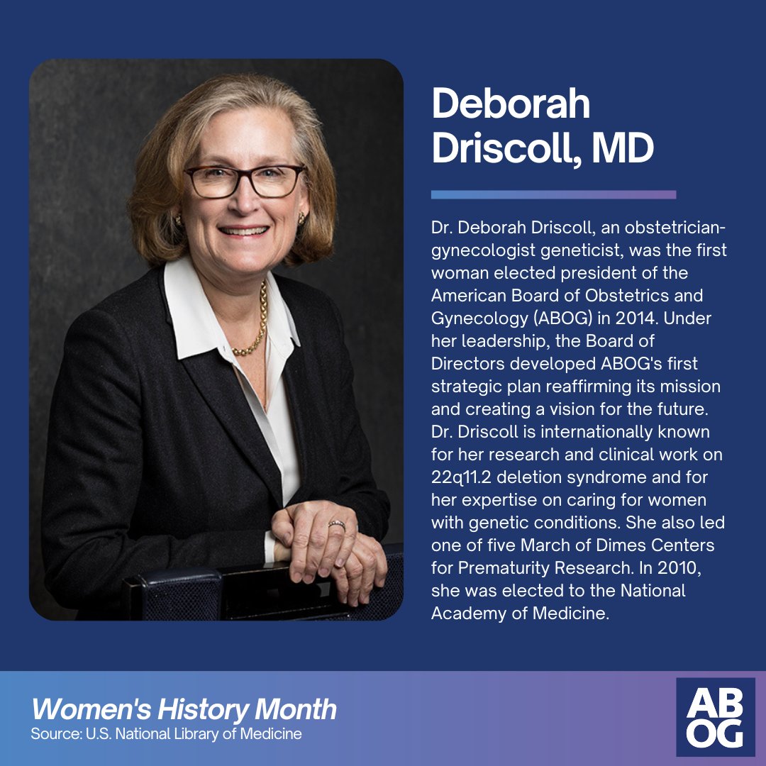 boardobgyn's tweet photo. This #WomensHistoryMonth, ABOG spotlights Dr. Deborah Driscoll, an OB GYN geneticist, who was the first woman elected president of the American Board of Obstetrics and Gynecology (ABOG) in 2014. https://t.co/8jiy2uNy27