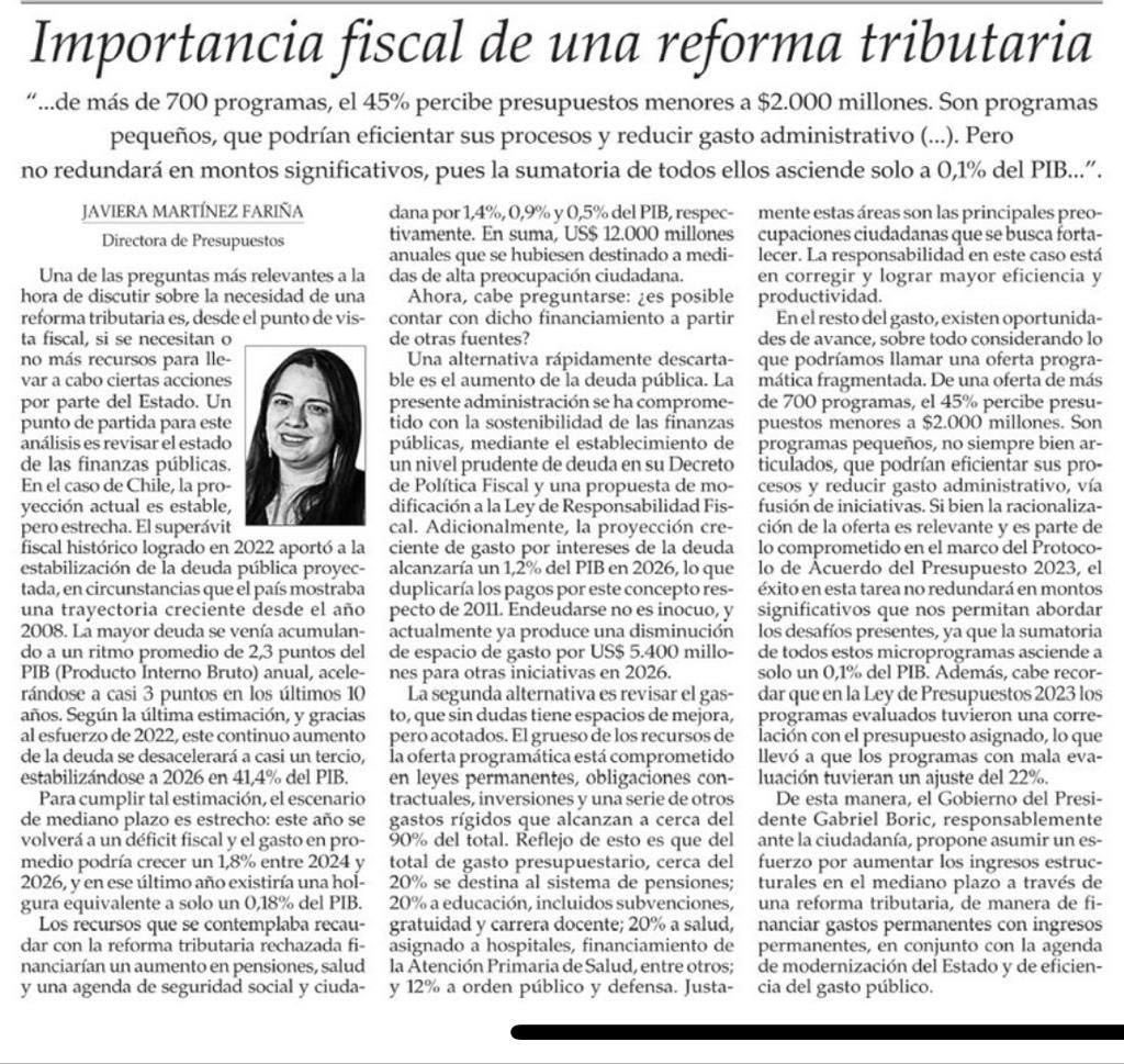 ✍️ Te invitamos a leer la columna "Importancia fiscal de una reforma tributaria", de nuestra compañera Directora de Presupuestos del Ministerio de Hacienda, 
<a href="/javimartinez_f/">Javi Martínez F</a>, donde aborda la propuesta de nuestro <a href="/GobiernodeChile/">Gobierno de Chile</a> en materia económica. #ReformaTributaria 👇