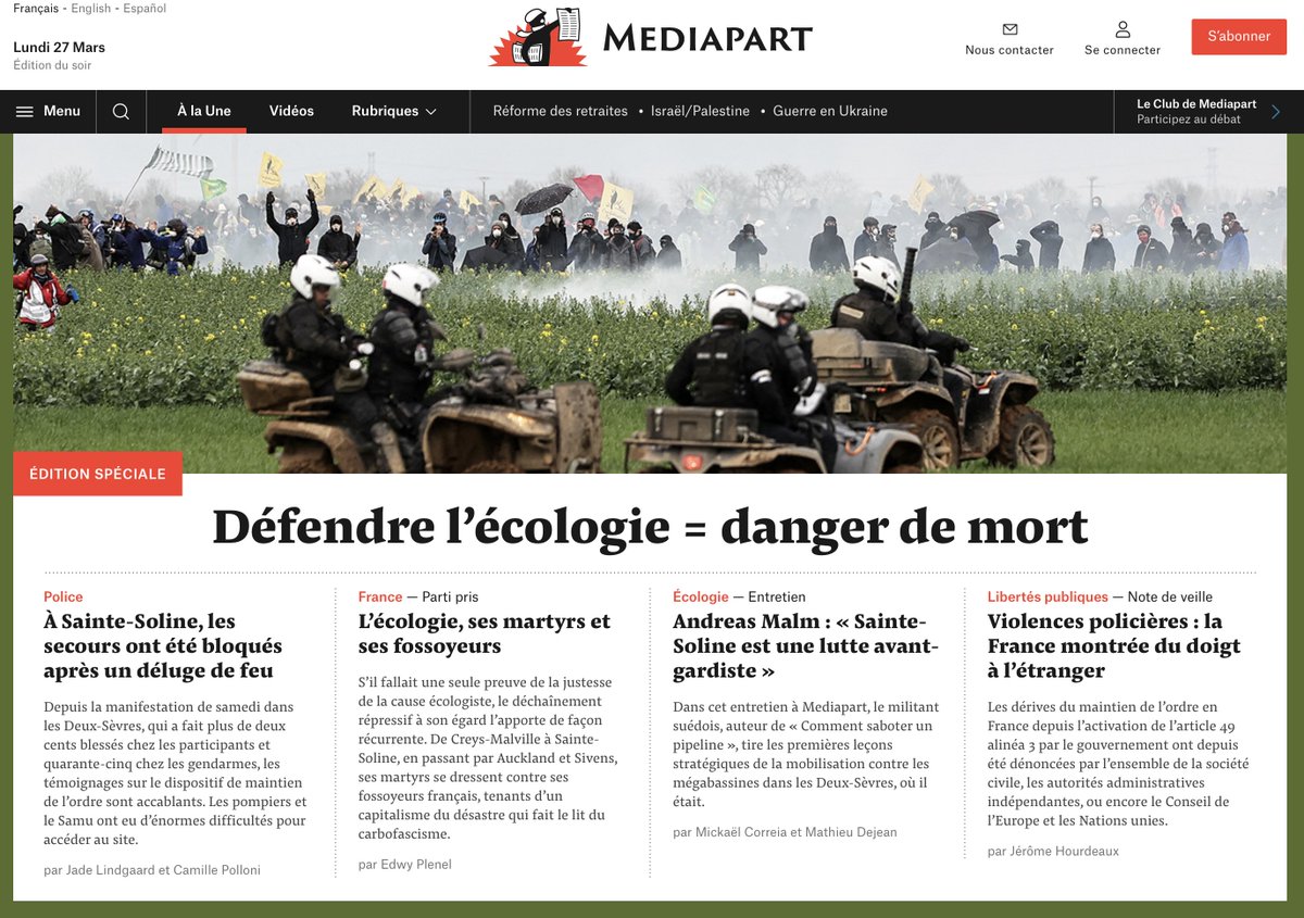 edwyplenel's tweet photo. ÉDITION SPÉCIALE #megabassines 
S’il fallait une seule preuve de la justesse de la cause écologiste, le déchaînement répressif à son égard l’apporte de façon récurrente.
Avec @Lindgaard @CamillePolloni @MickaCorreia @Mathieu2jean @JeromeHourdeaux 
▶️ https://t.co/DFUa3AWEY3 https://t.co/uJni5UvOVL