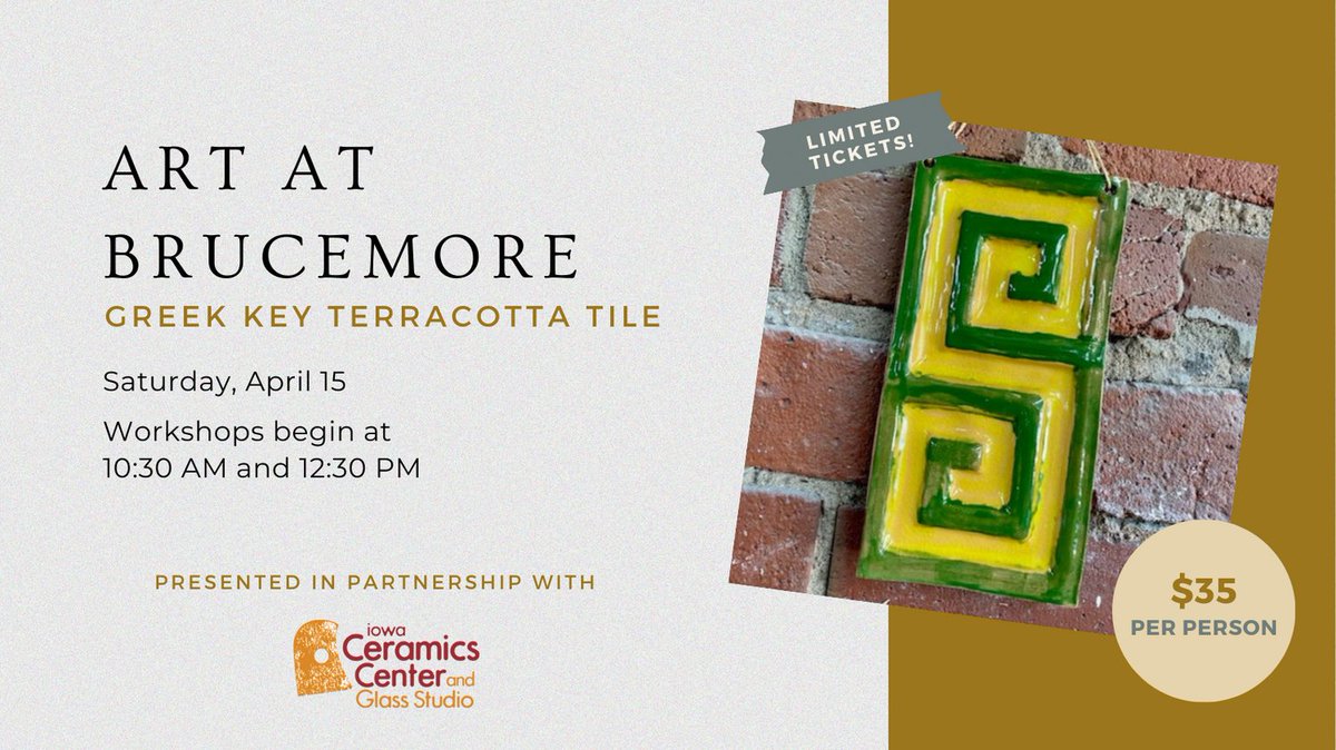 Join us on April 15 for the next Art at Brucemore workshop! We are partnering with <a href="/CeramicCenter/">The Ceramics Center</a> to complete the final piece of the tile series. Paint a pre-made tile inspired by the Greek key tiles that decorate the mansion.

Learn more: brucemore.org/event/art-at-b…