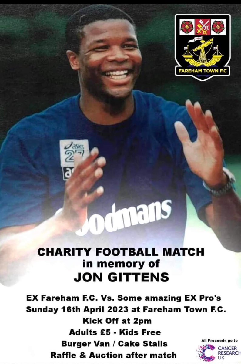 JayneGittens's tweet photo. Come along and support this event, remembering Jon Gittens and raising money for cancer research Sunday April 16th 2pm Fareham Town FC https://t.co/1CcRRBFhuz