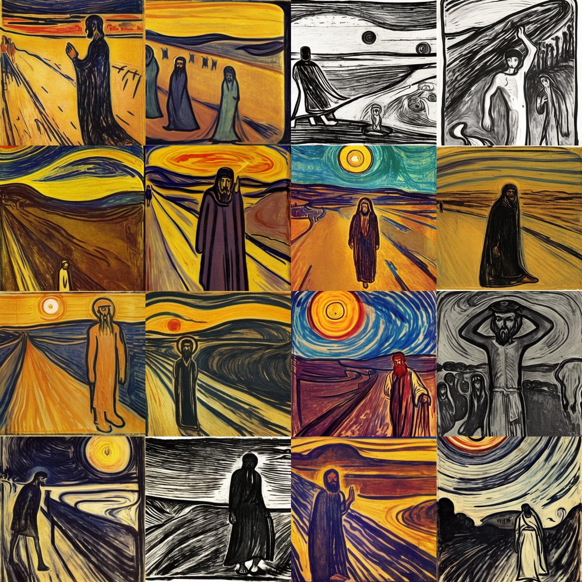 StudentAlex_'s tweet photo. #ProphetElijah walking in the #desert in the night, #EdvardMunch style - made with @NightCafeStudio
https://t.co/1A5kKOT6IL
#aiart #nightcafe #digitalart https://t.co/1A5kKOT6IL https://t.co/LZyIbHtaCC