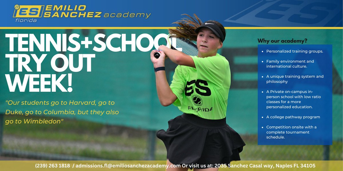 @EmilioSanchezFL offers opportunities for all, now with a tryout week for their Tennis+School annual programs get the chance to grow in tennis, education, and life next to them!

More information: ivl1fzkc.pages.infusionsoft.net/?affiliate=0

#emiliosanchezacademy #eswesharesuccess #esstudentathletes