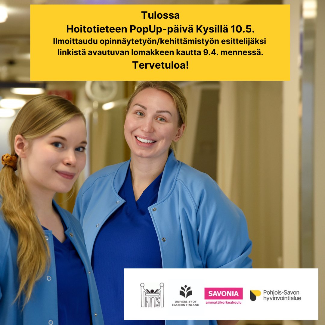 Department of Nursing Science UEF (@nursingsciuef) on Twitter photo Hoitotieteen #pop_up päivä
Tule esittelemään hoitotieteen/hoitotyön opinnäytetyö, #kandi, #pro_gradu, #väitöskirja, #kehittämis- tai #hanketyö #Kys'ille 10.5. Ilmoittaudu 9.4. mennessä:
link.webropolsurveys.com/S/7E2A0BBDDE55… #hoitotiede #hoitotyö #UEF #HTTS #PohjoisSavonHyvinvointialue #Savonia Hoitotieteen #pop_up päivä
Tule esittelemään hoitotieteen/hoitotyön opinnäytetyö, #kandi, #pro_gradu, #väitöskirja, #kehittämis- tai #hanketyö #Kys'ille 10.5. Ilmoittaudu 9.4. mennessä:
link.webropolsurveys.com/S/7E2A0BBDDE55… #hoitotiede #hoitotyö #UEF #HTTS #PohjoisSavonHyvinvointialue #Savonia