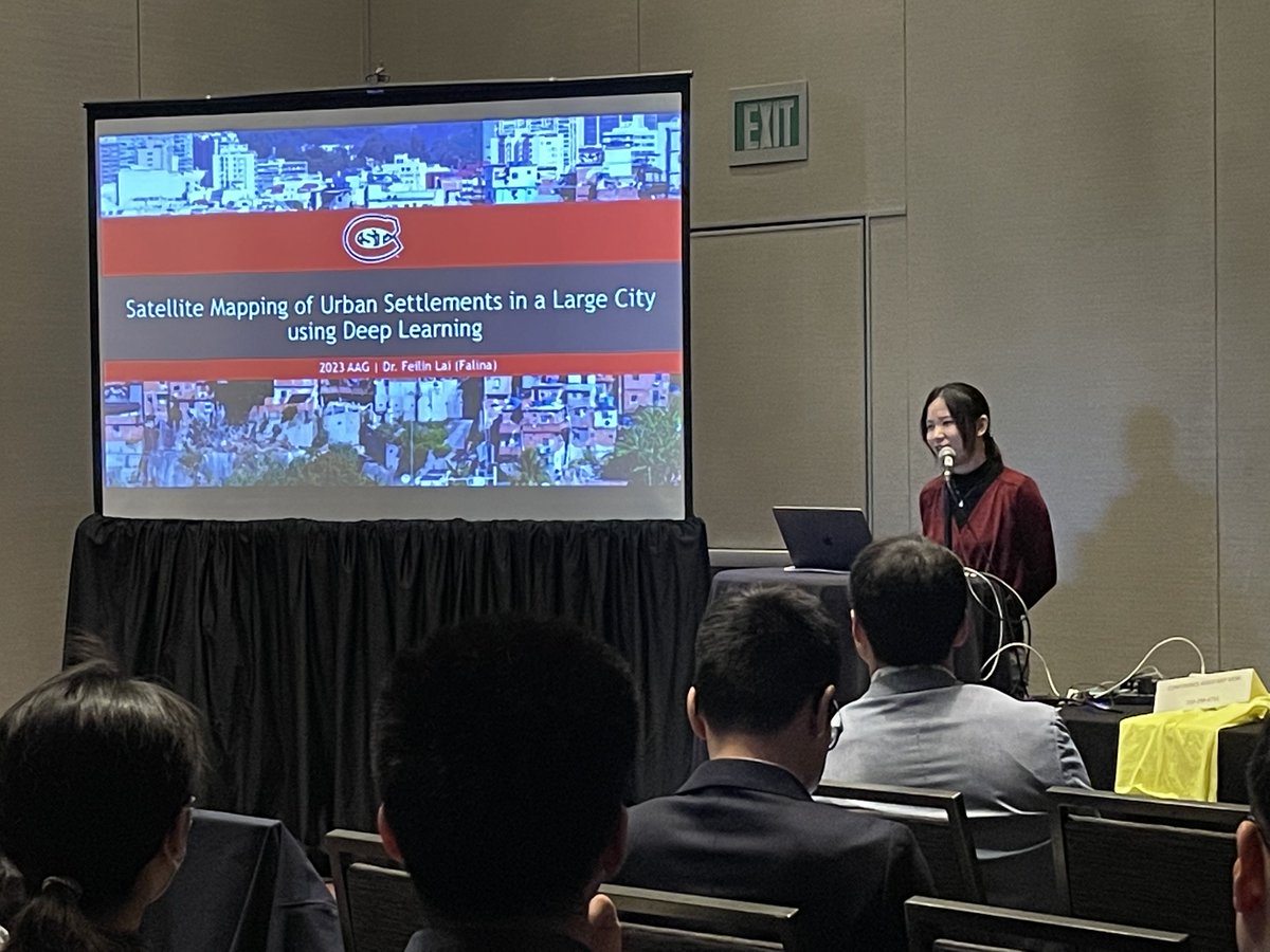 Falina_Lai's tweet photo. It was an exciting experience to present my work "Satellite Mapping of Urban Settlements using Deep Learning" at the #AAG2023 conference and meet scholars from various fields. Proud that our students also did their posters at the conference #DeepLearning  #GIS https://t.co/Nbh0OIkN20