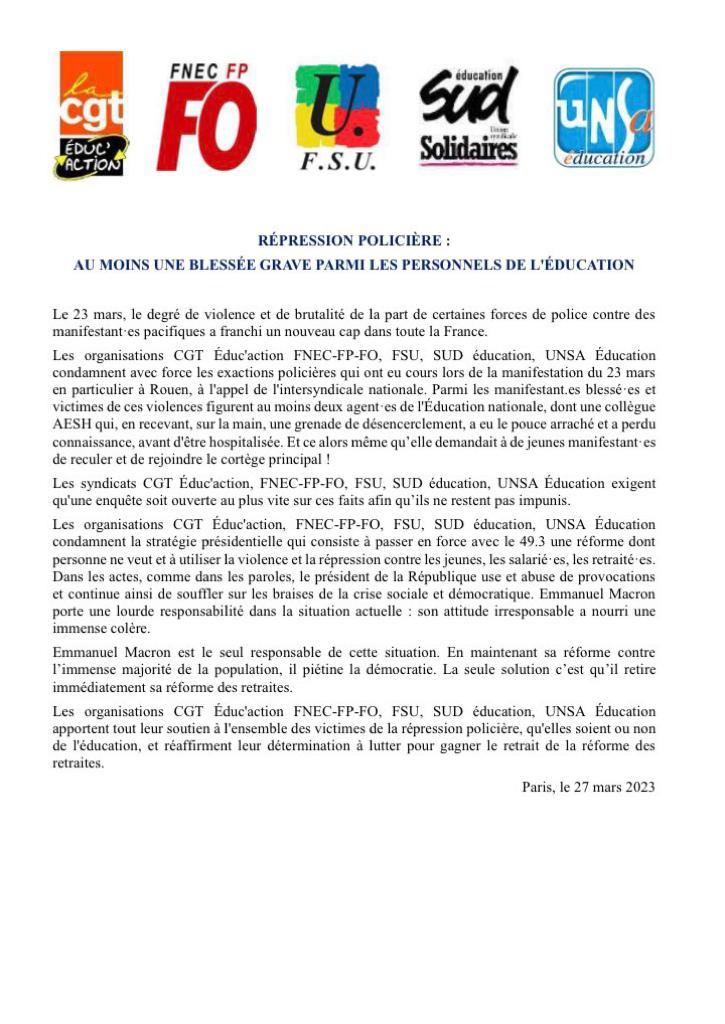 KlemonsLong's tweet photo. Une #AESH au pouce arraché, des collègues matraques avec fracture, des interpellations en masse!

Enfin...! Les syndicats de l'éducation dénoncent la répression policière ✊✊ https://t.co/bsB3ScRKJ7