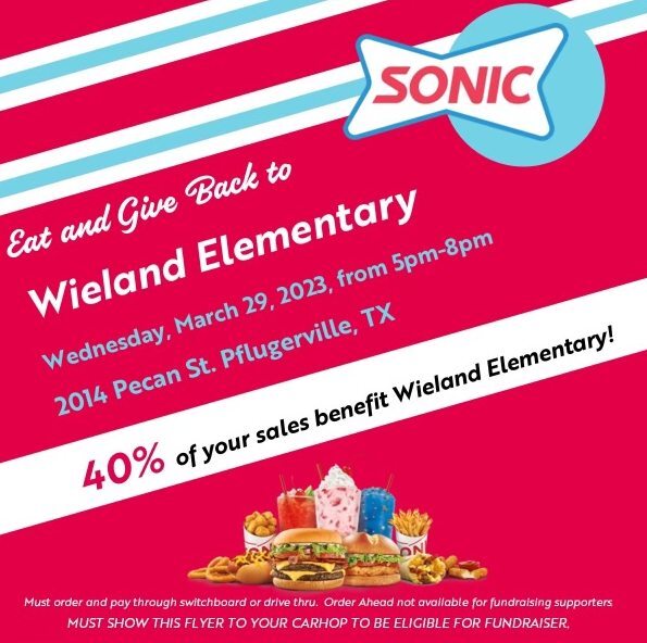 Come join us at Sonic on Wednesday evening! Screenshot this post or DOWNLOAD the image and show it during your order to help Wieland get 40% of your sales. (Do not order ahead on the app.)  

We will also be selling community cards for $5, cash only.  Th… ift.tt/cbzfmgq